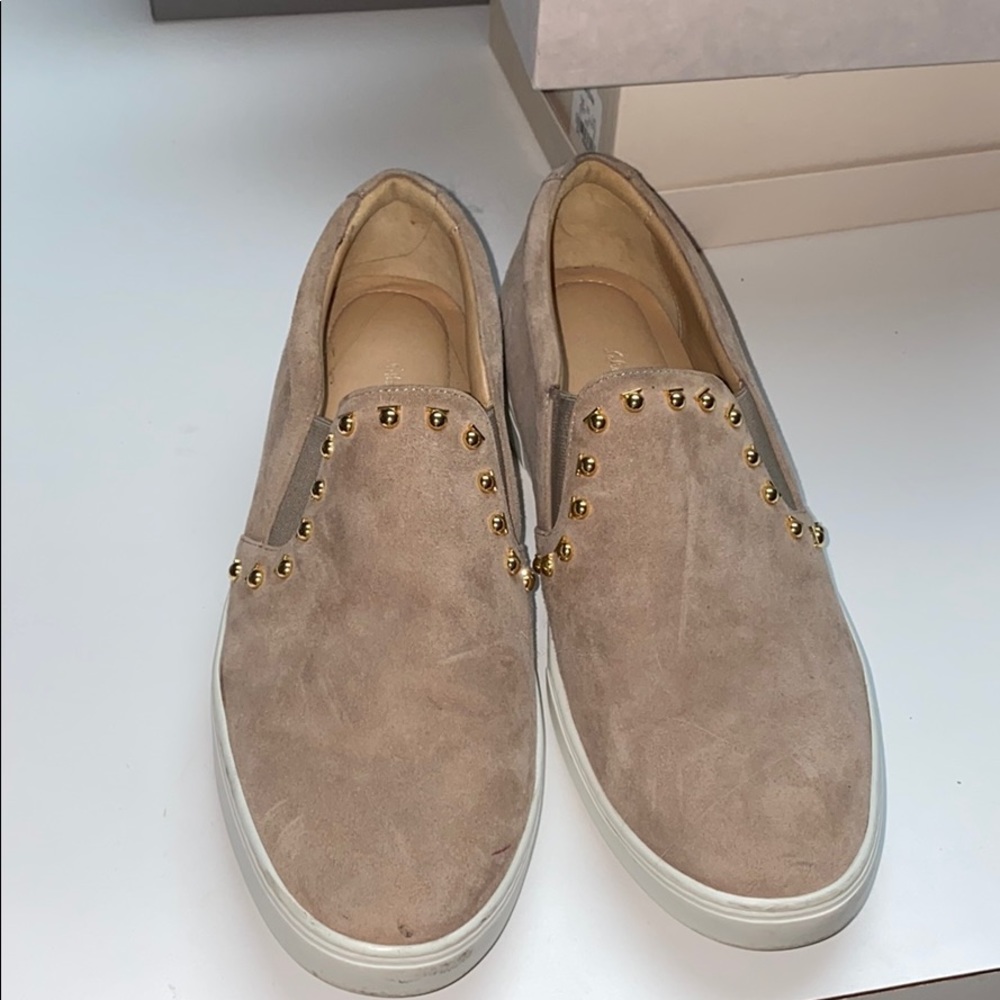 Ferragamo Tan Suede Sneaker with Gold Studs